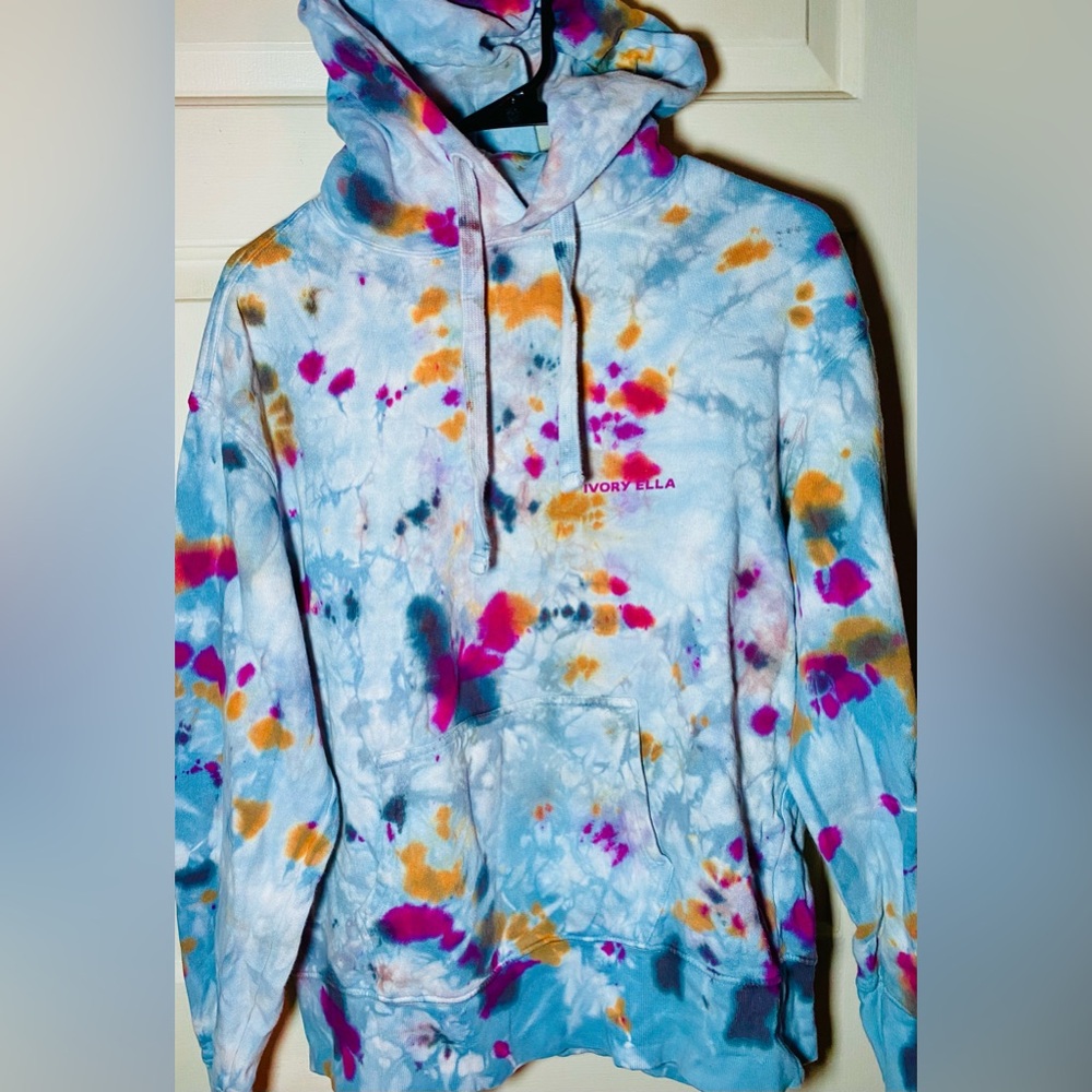 Ivory Ella Sweatshirt Hoodie Women's Small S Tie Dye Graphic‎ Pocket Blue White